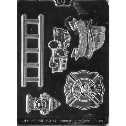 Clear plastic Firefighter Assortment Chocolate Mold with five cavities shaped like a ladder, fire engine, firefighter helmet, fire hydrant, and Maltese cross badge