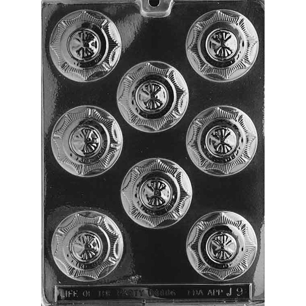 Eight-cavity firefighter badge chocolate mold with raised fire department emblems, circular centers, and textured outer points