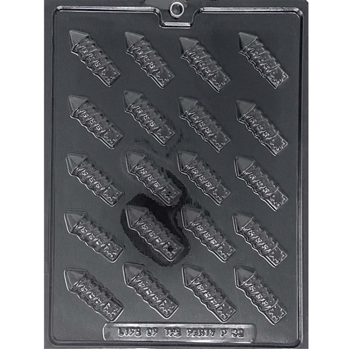 Clear Firework Topper Chocolate Mold photographed against a black background, featuring 20 small rocket-shaped cavities with pointed tops and raised decorative details.