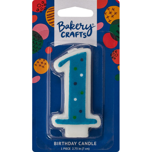 Blue number 1 birthday candle with polka dots in Bakery Crafts packaging, ideal for first birthday cake decorations.