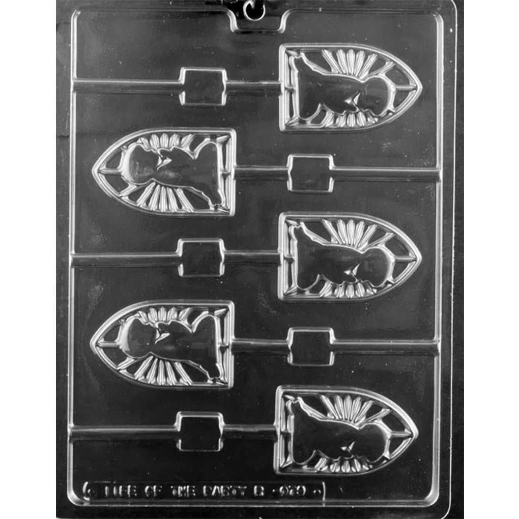 Clear plastic chocolate lollipop mold with six cavities featuring a First Communion boy silhouette inside a pointed decorative frame, with stick channels for making chocolate pops.