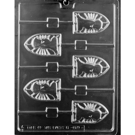 Clear plastic chocolate lollipop mold with six cavities featuring a First Communion boy silhouette inside a pointed decorative frame, with stick channels for making chocolate pops.