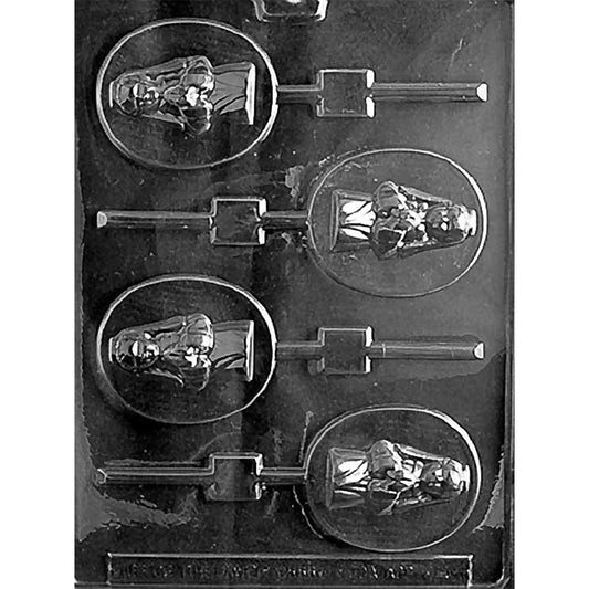 Clear plastic chocolate lollipop mold with four oval cavities featuring a First Communion girl in a traditional dress with hands folded in prayer, with stick channels for making chocolate pops.