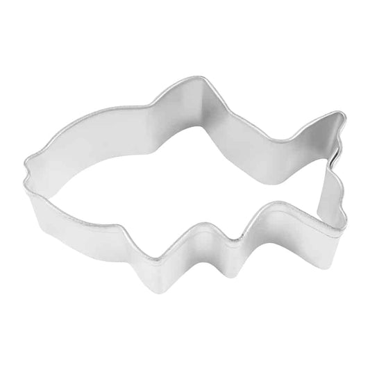 Metal fish-shaped cookie cutter with a rounded body, detailed fins, and a pointed tail, photographed from a top-down view on a white background.