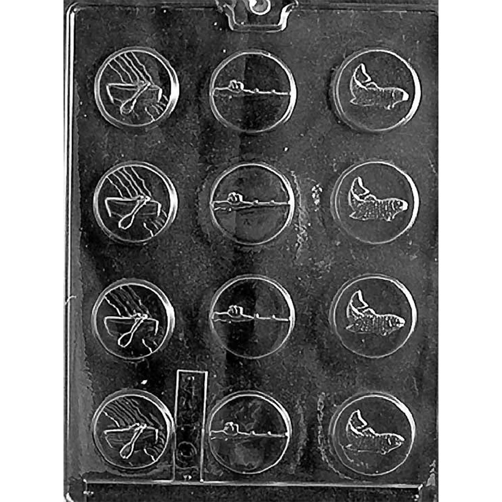 Clear plastic Fisherman Mints Chocolate Mold with 12 round cavities featuring fishing gear, an angler on the water, and fish designs