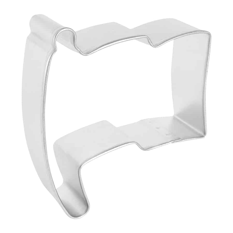 Side view of a metal flag cookie cutter with a sturdy design.