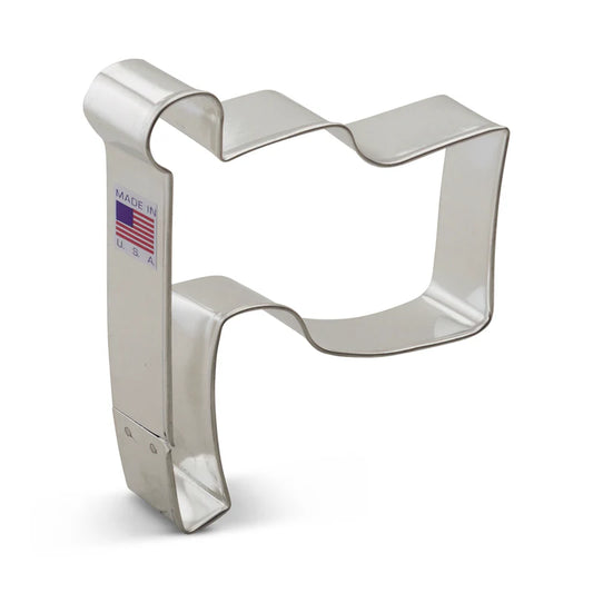 Metal waving flag-shaped cookie cutter with a longer flagpole and distinctive flag design.