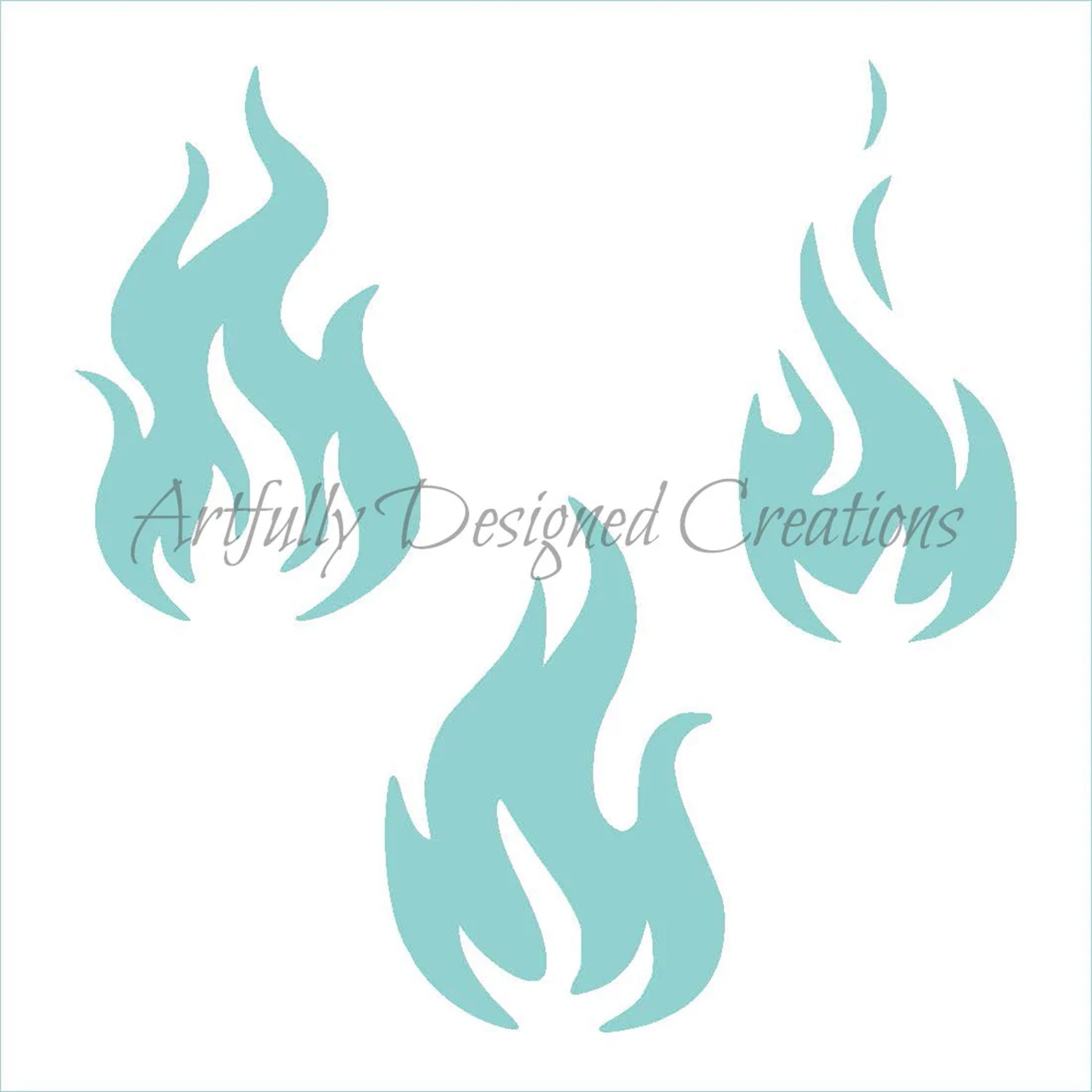 Flames stencil featuring three stylized flame shapes in varying sizes, made from food-grade plastic for decorating cookies and cakes.