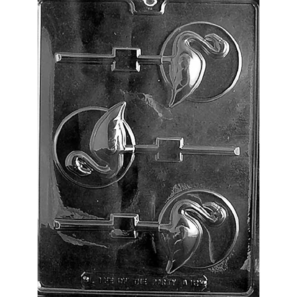 Three-cavity flamingo on disc chocolate lollipop mold with 3-inch round pops, curved-neck flamingo relief, feather details, and built-in stick channels.