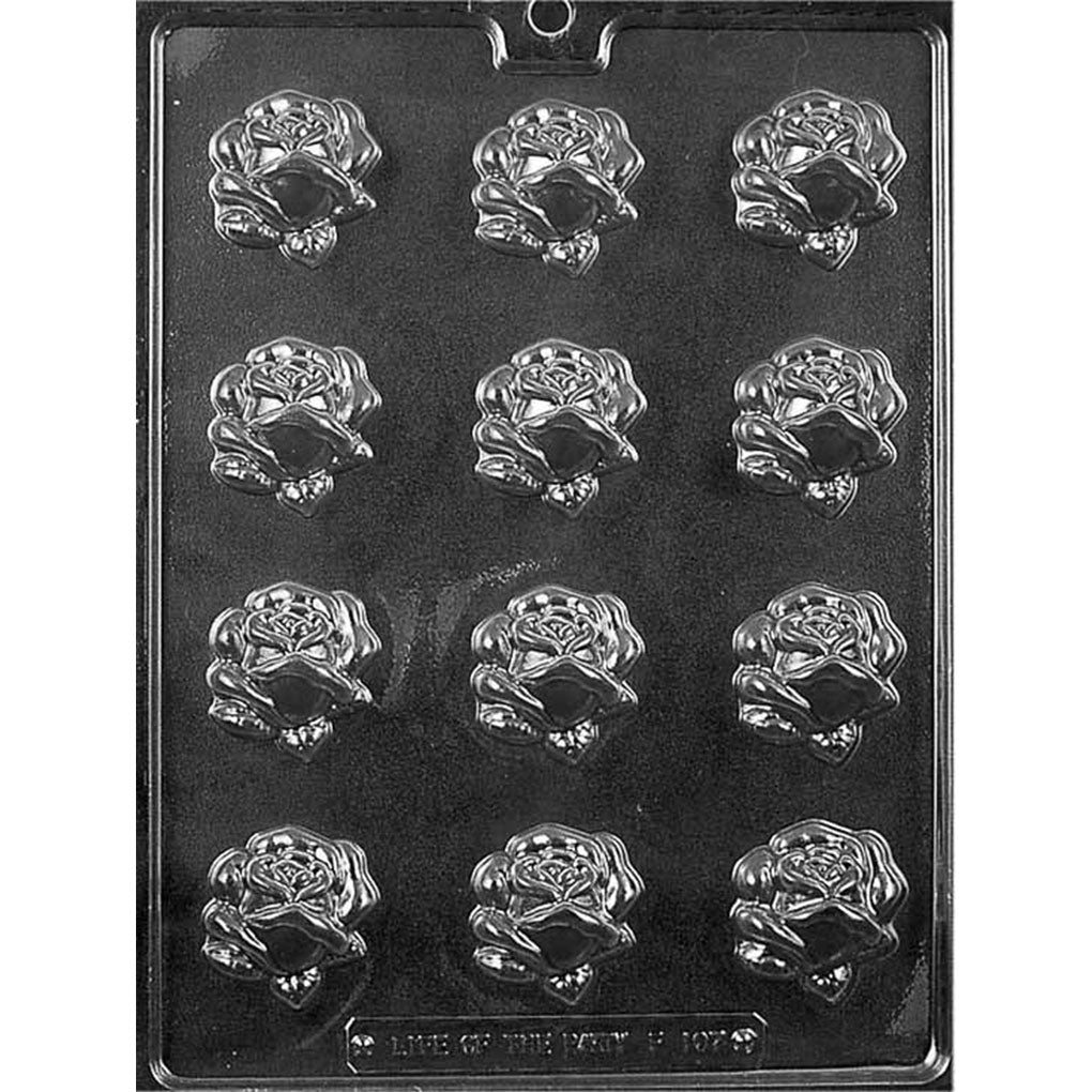 Twelve-cavity flat bite-sized rose chocolate mold with detailed layered petals for wedding favors and floral candy assortments