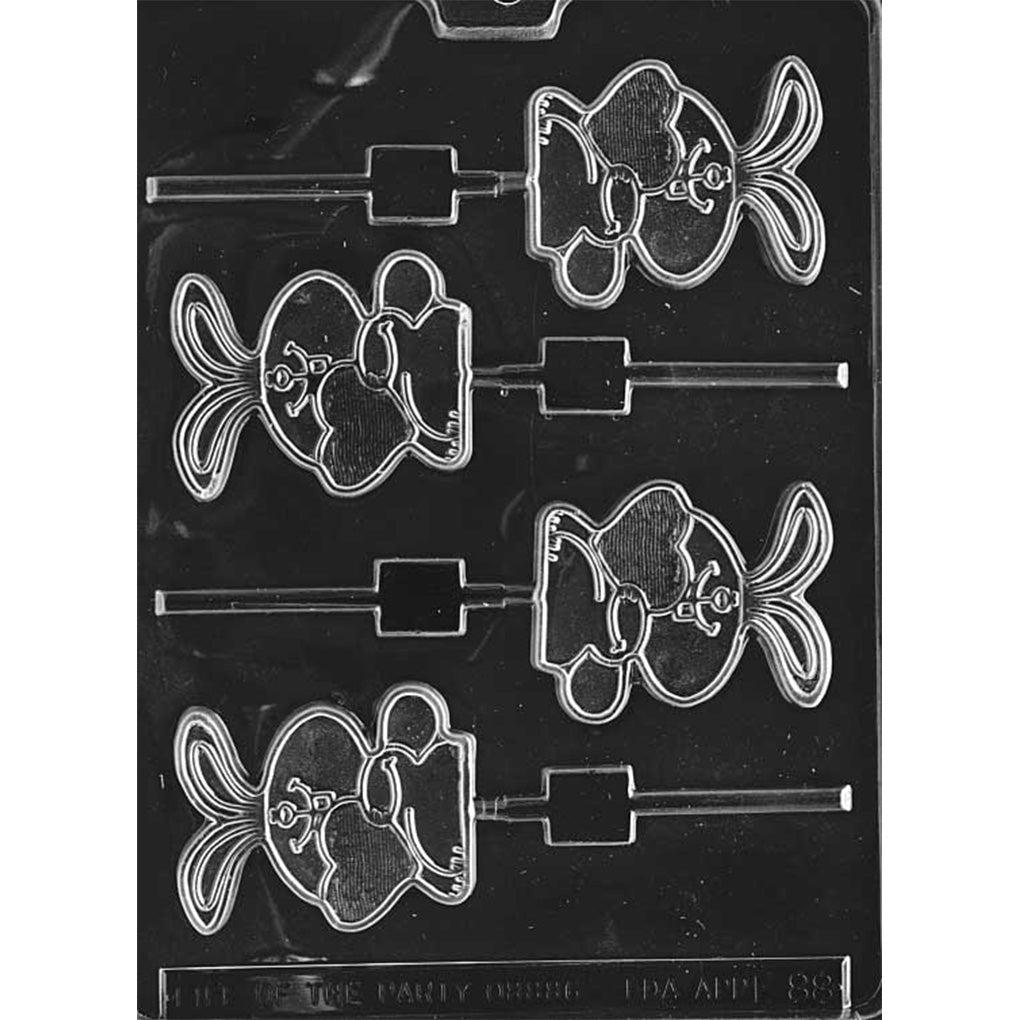 Clear plastic bunny holding heart chocolate lollipop mold with four cavities, each showing a cartoon bunny hugging a heart with long ears and an attached stick channel.