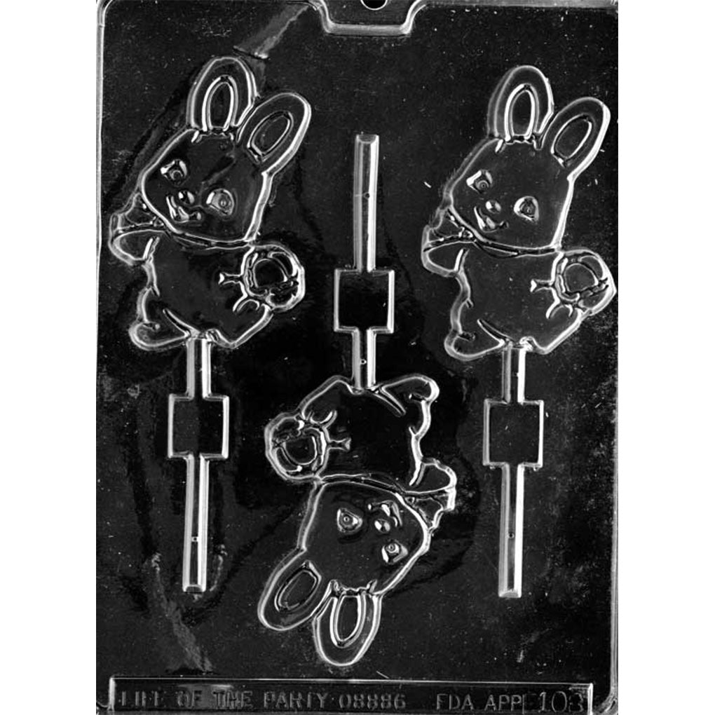 Clear plastic cute flat bunny with basket chocolate lollipop mold with three bunny-shaped cavities, each showing a smiling bunny holding a basket and connected to a stick channel.