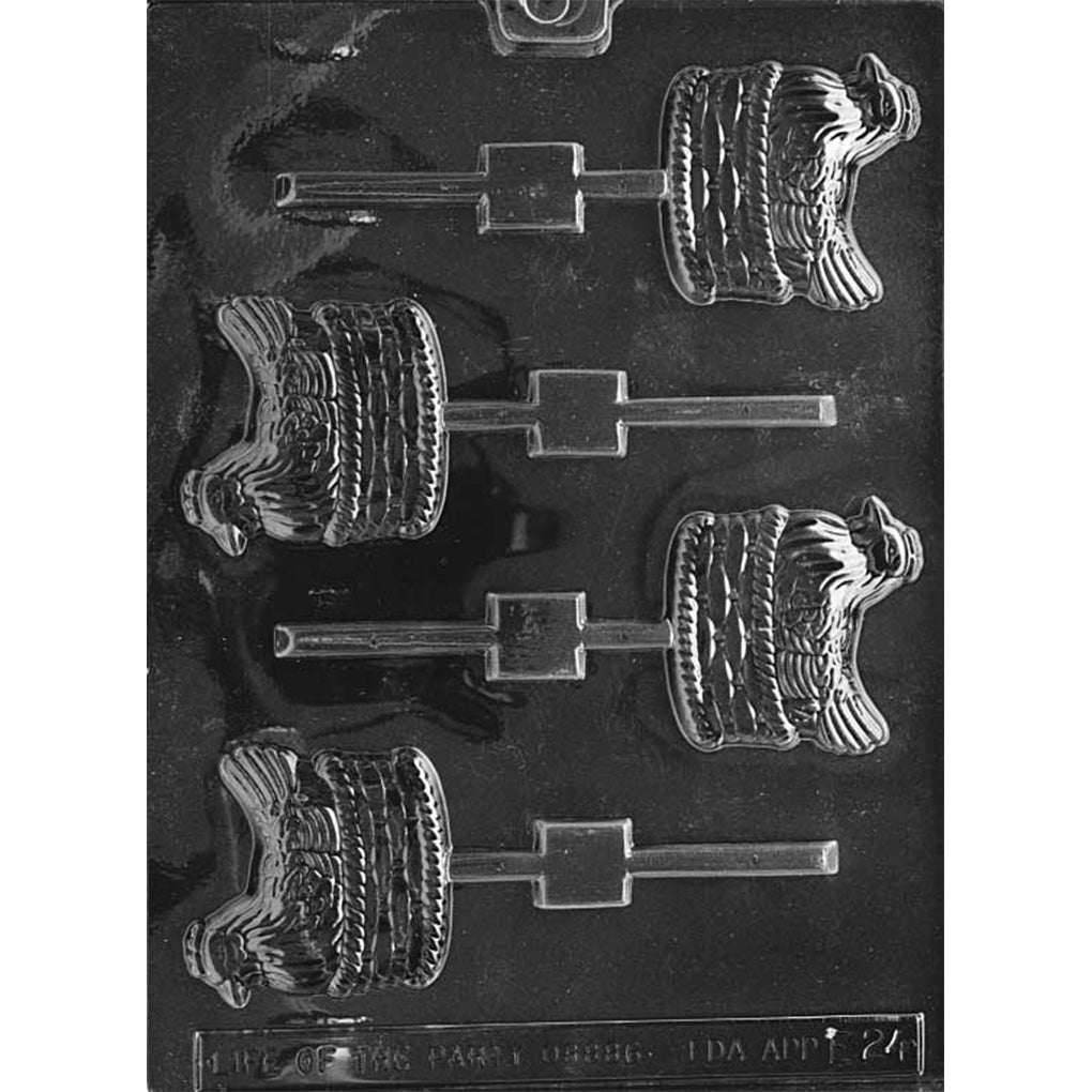 Clear plastic chocolate lollipop mold with flat hen-in-basket cavities, showing raised feather details and woven basket bands, with built-in stick slots on a dark background.