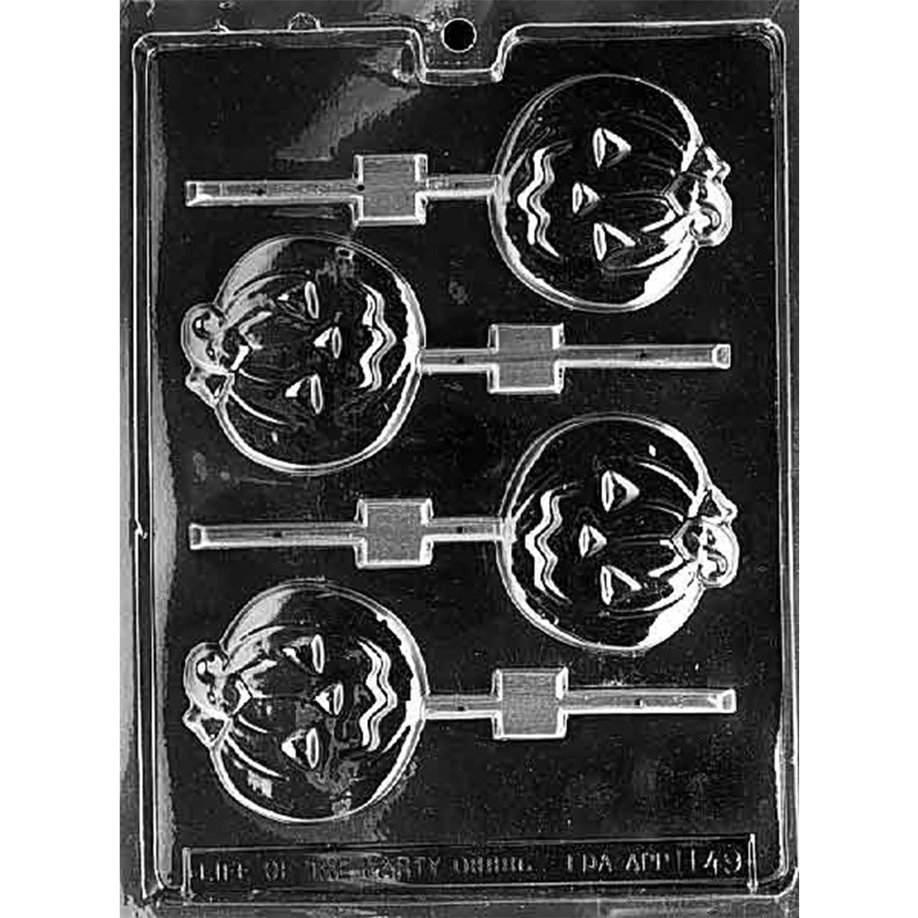 Four-cavity medium flat jack-o’-lantern chocolate lollipop mold with 2 3/4 x 2 3/4 x 1/4-inch pumpkin faces, leafy stems, and stick channels