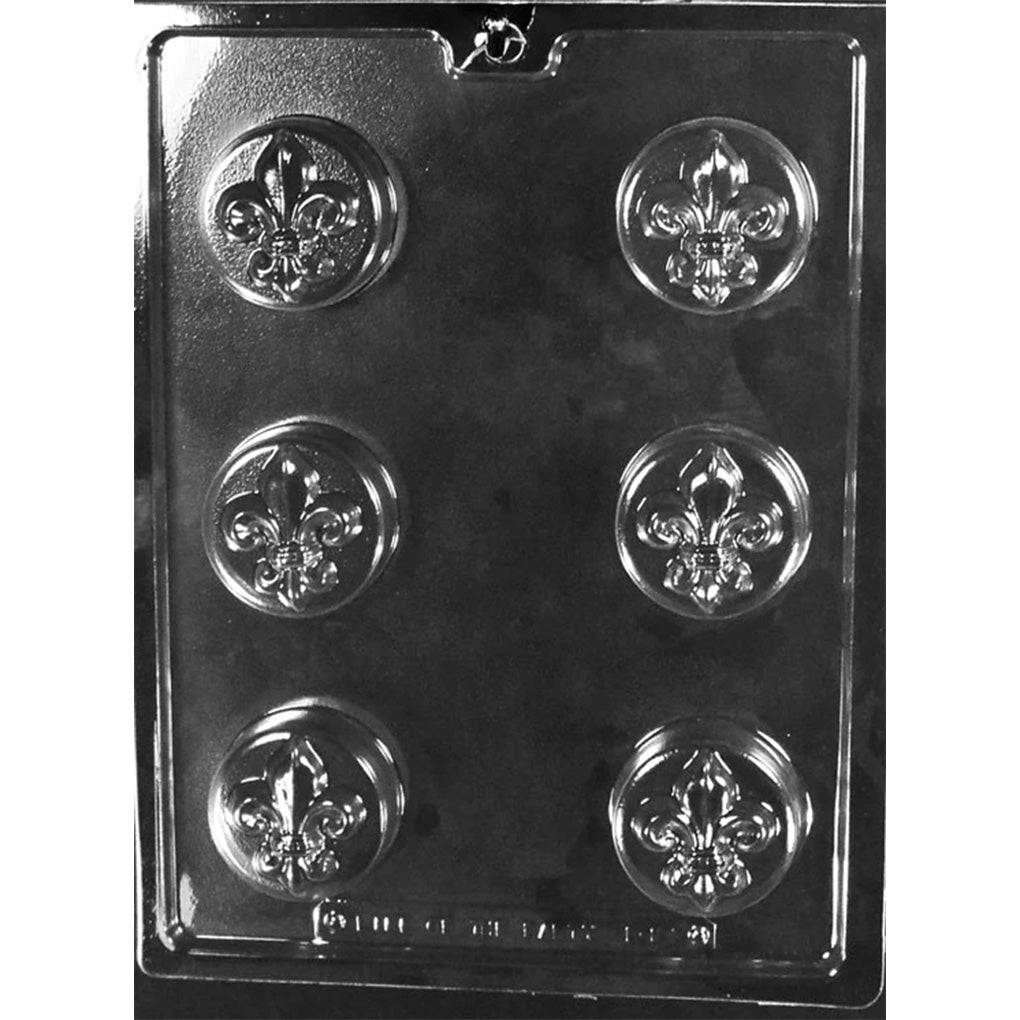 Clear plastic chocolate mold with six round cavities, each featuring a raised fleur-de-lis symbol centered inside a circular border for chocolate covered Oreo treats.