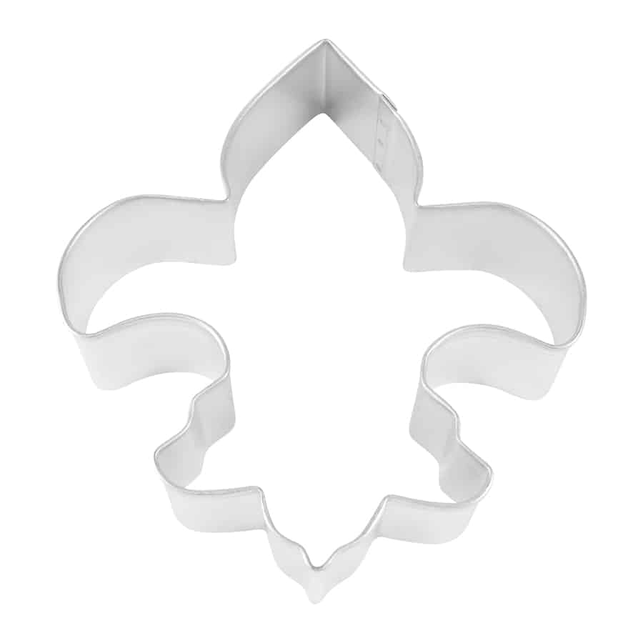 Metal Fleur De Lis cookie cutter with smooth edges, displayed against a white background.