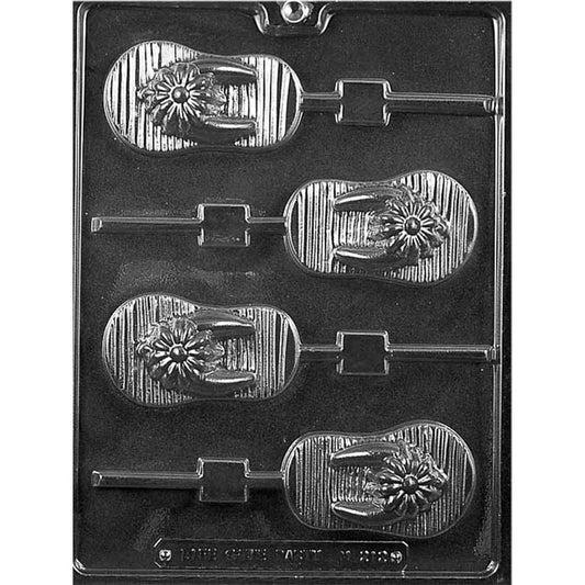 Chocolate lollipop mold with four striped flip-flop cavities featuring thong straps, flowers, and built-in stick channels
