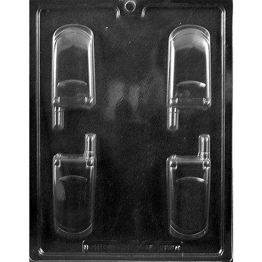 Flip cell phone chocolate mold with four retro phone-shaped cavities in two orientations for making novelty chocolates