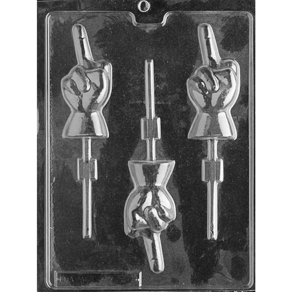 Clear plastic Middle Finger Chocolate Lollipop Mold photographed against a black background, showing three detailed hand cavities with raised middle fingers and lollipop stick channels.