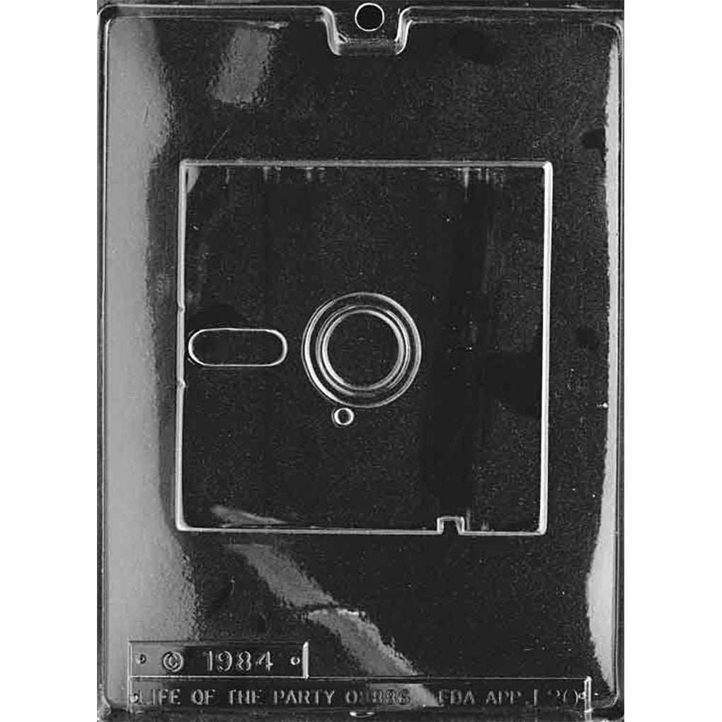 Single-cavity retro floppy disk chocolate mold with square outline, center hub, label panel, access slot, and raised computer disk details