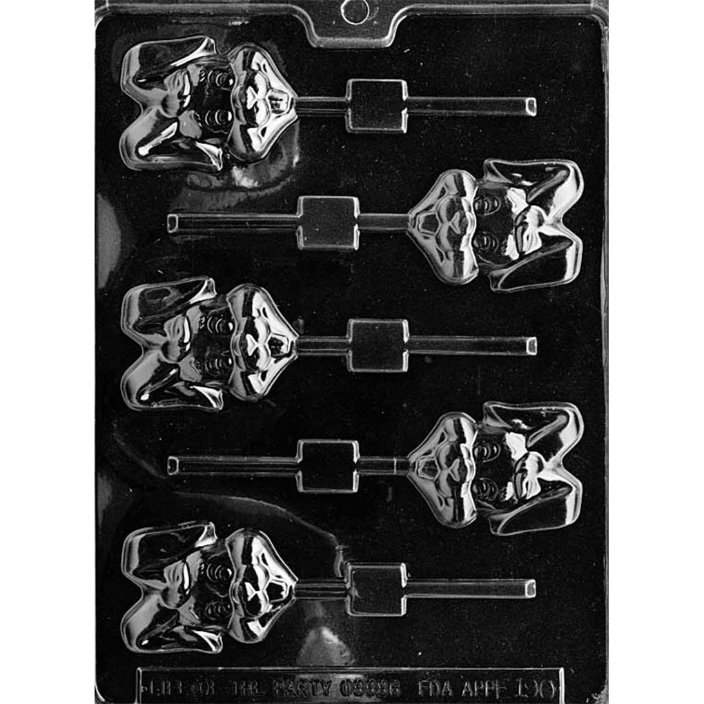 Five-cavity floppy-eared buck-toothed bunny face chocolate lollipop mold with wide eyes, rounded cheeks, and alternating stick channels; each bunny measures 2 1/4 x 1 3/4 inches.
