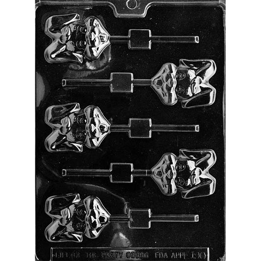 Five-cavity floppy-eared buck-toothed bunny face chocolate lollipop mold with wide eyes, rounded cheeks, and alternating stick channels; each bunny measures 2 1/4 x 1 3/4 inches.
