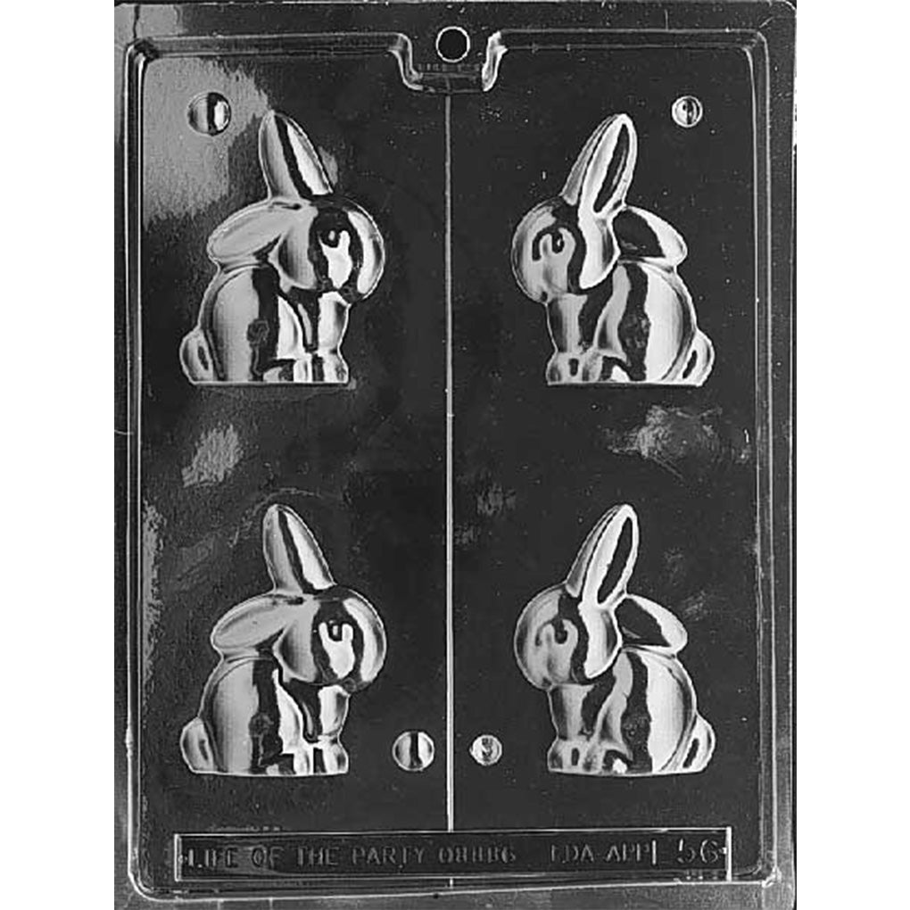 Clear plastic 3D chocolate mold with a center cut line and four bunny cavities, showing a seated floppy-eared rabbit design intended for casting two halves and joining into a hollow bunny.
