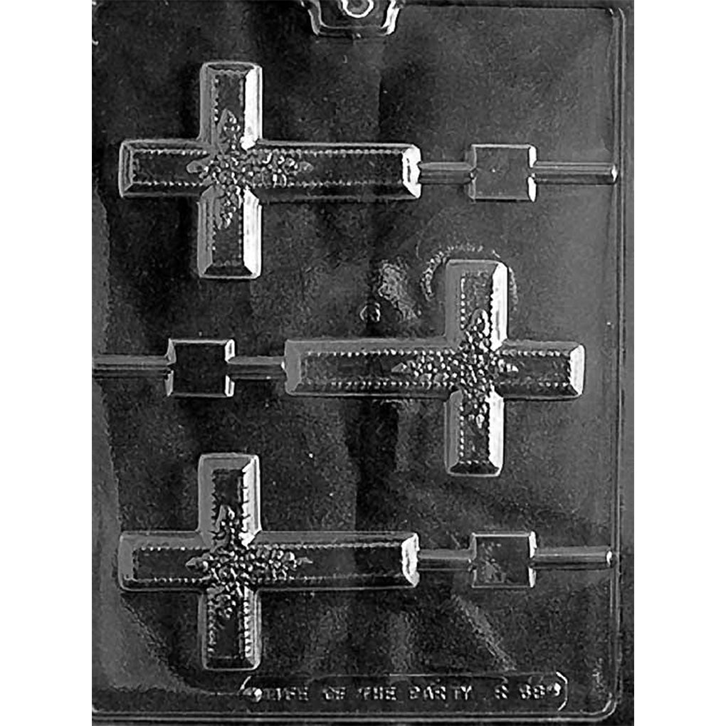 Clear plastic floral cross chocolate lollipop mold with three cross cavities, raised flower details, decorative borders, and stick channels