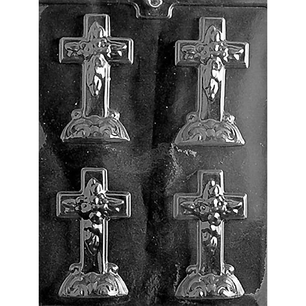 Chocolate mold with four cross cavities featuring raised floral accents and decorative flat-bottomed bases.