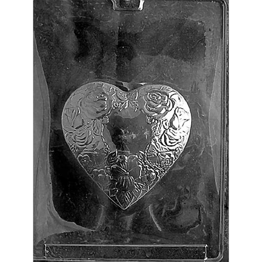 Clear plastic Floral Heart Chocolate Mold with one large domed heart cavity framed by raised roses, blossoms, and leaves