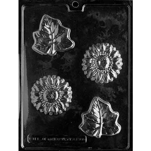 Clear plastic Flower and Leaf Chocolate Mold with four cavities featuring two detailed sunflowers and two veined ivy leaves
