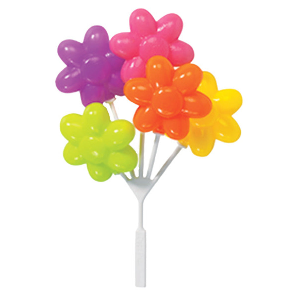 Multi-color Flower Balloons DecoPics cupcake pick with five glossy flower-shaped balloons in pink, purple, orange, yellow, and green on a white stem.