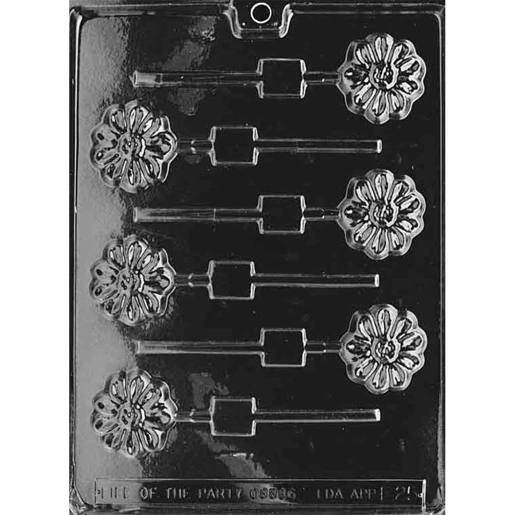 Clear chocolate lollipop mold with six small flower-shaped cavities featuring rounded petals and flower centers, arranged in alternating directions.