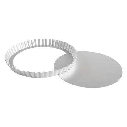 Disassembled 9.5" tart pan with fluted ring and removable flat bottom, made of anodized aluminum.
