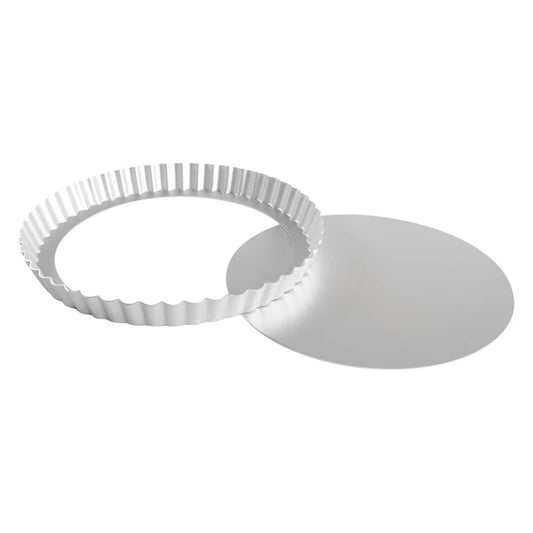 Disassembled 9.5" tart pan with fluted ring and removable flat bottom, made of anodized aluminum.