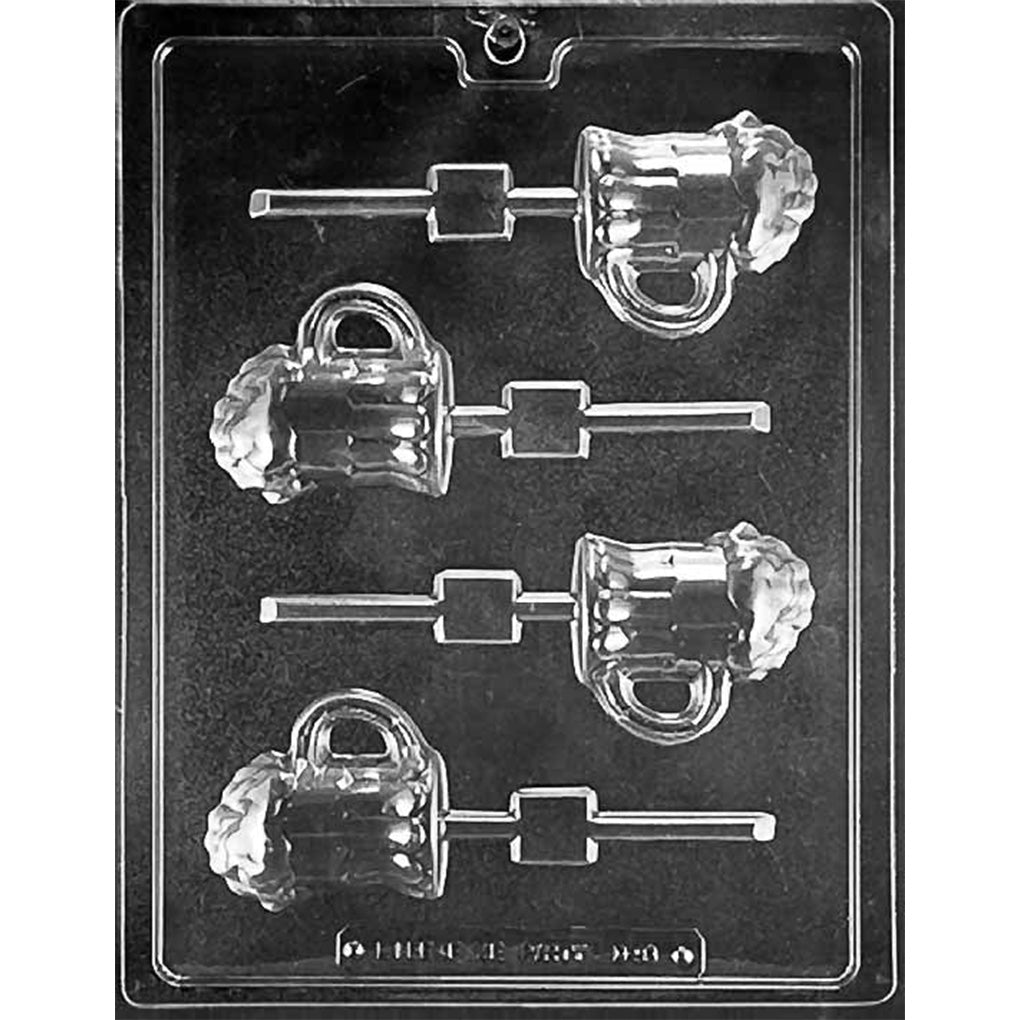Clear plastic chocolate lollipop mold with four beer mug cavities featuring a foamy top and a handle, each with a built-in stick channel, shown on a dark background.