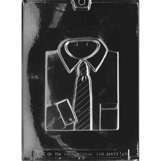 Clear plastic chocolate mold photographed on a dark background with one large cavity shaped like a collared shirt and striped tie, including pocket outlines near the bottom.