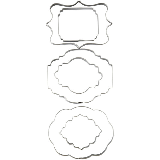Six stainless steel plaque-style cookie cutters in various decorative shapes.
