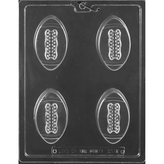 Clear chocolate covered cookie mold with four football-shaped cavities, each featuring molded laces across the center and pointed ends.