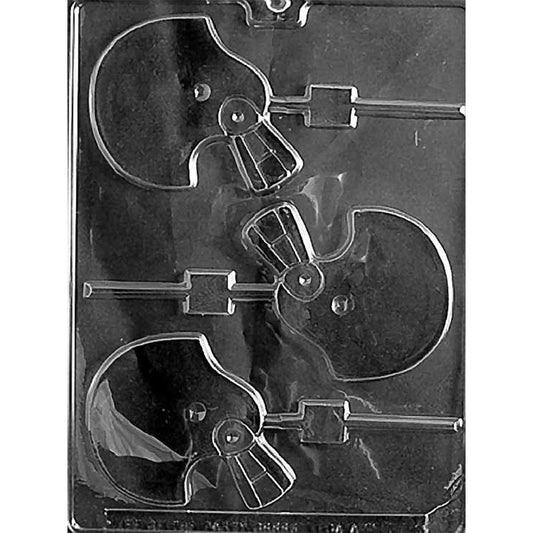 Three-cavity football helmet chocolate lollipop mold with facemask details and smooth side panels, each measuring 3 x 3 x 3/8 inches deep