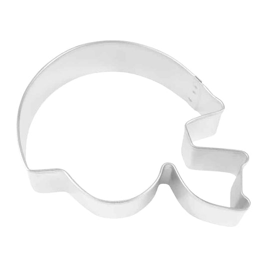 Silver football helmet-shaped cookie cutter with a detailed facemask design.
