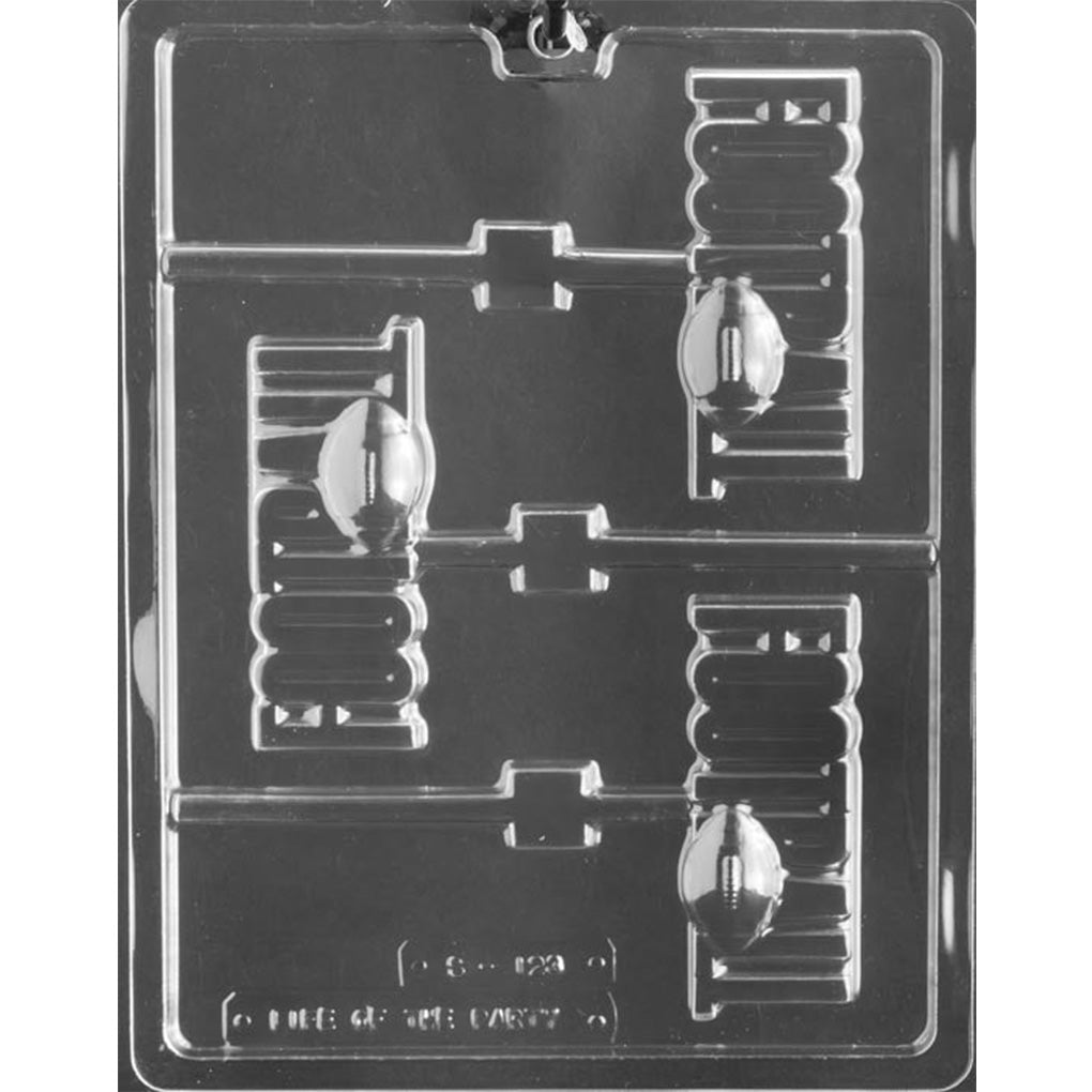 Three-cavity FOOTBALL lettering chocolate lollipop mold with raised ball accents, 4 x 1 5/8 x 5/8-inch pops, and built-in stick channels
