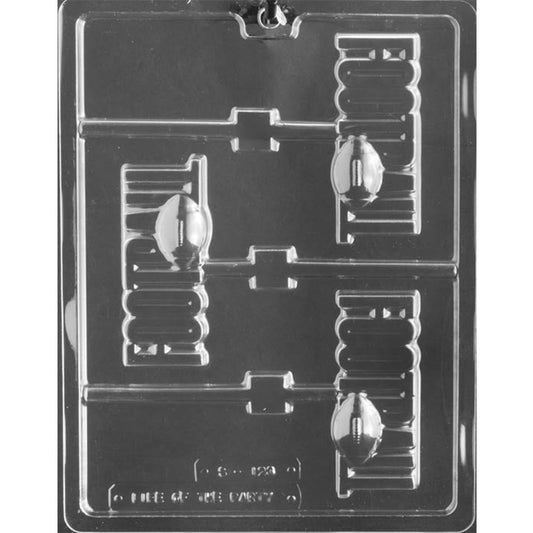 Three-cavity FOOTBALL lettering chocolate lollipop mold with raised ball accents, 4 x 1 5/8 x 5/8-inch pops, and built-in stick channels