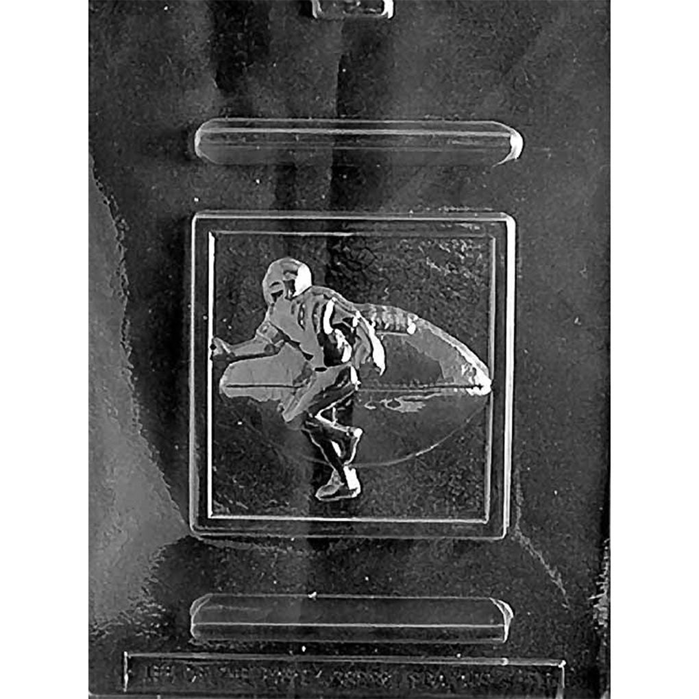 Clear chocolate mold with one square framed plaque cavity featuring a helmeted football player running with the ball tucked under one arm.