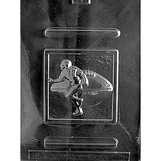 Clear chocolate mold with one square framed plaque cavity featuring a helmeted football player running with the ball tucked under one arm.