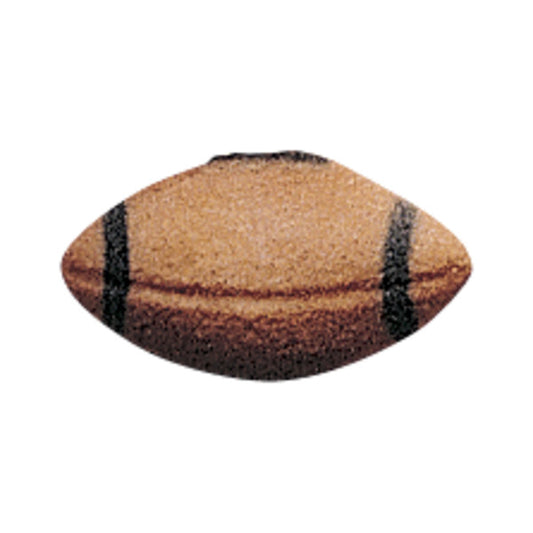Single brown pressed sugar football decoration with black stripe detailing, shaped like a classic football, isolated on white background.