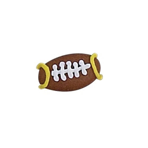 Royal icing football decoration, 1 1/8 inch by 3/4 inch, brown with white laces and yellow accents, edible sports-themed cake topper