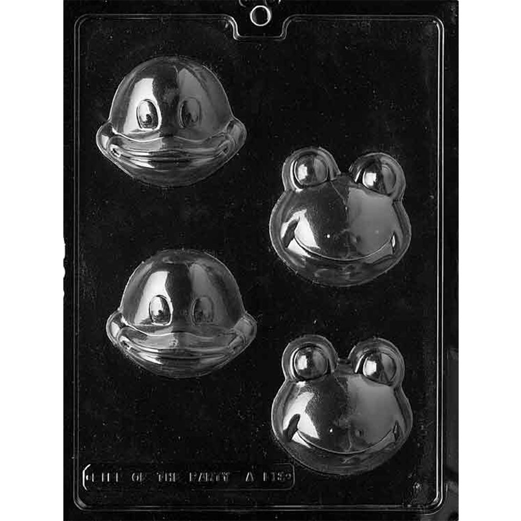 Four-cavity frog and duck faces chocolate mold with two smiling frogs and two broad-billed ducks; frog 2 3/4 x 1 1/8 inches deep and duck 2 7/8 x 2 1/4 inches deep