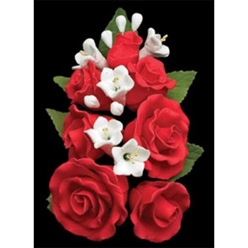 Formal 5-inch gum paste red rose spray with white accent flowers and green leaves, wired for cake decorating