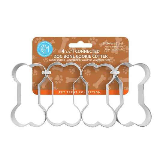 Stainless steel 4-in-1 dog bone cookie cutter in packaging, designed for making multiple treats at once.